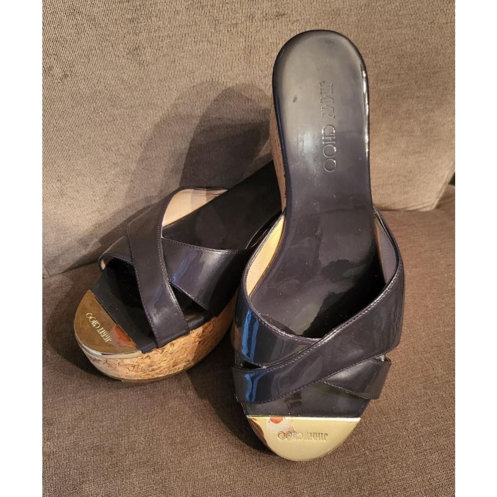 Women's Jimmy Choo Blue Patent Leather Wedge Sandals Size 36
